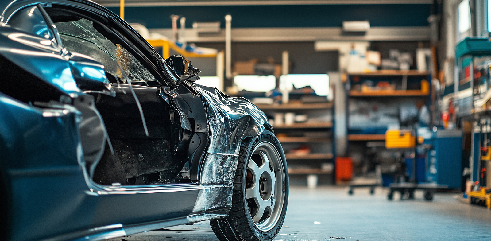 karosserie-und-fahrzeugbauer-nordbaden Ein zerbeultes Auto in einer Werkstatt - Innung für Karosserie- und Fahrzeugbautechnik Nord- und Mittelbaden